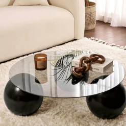 Table basse ronde verre fumé - 3 pieds boules noirs KOCHI
