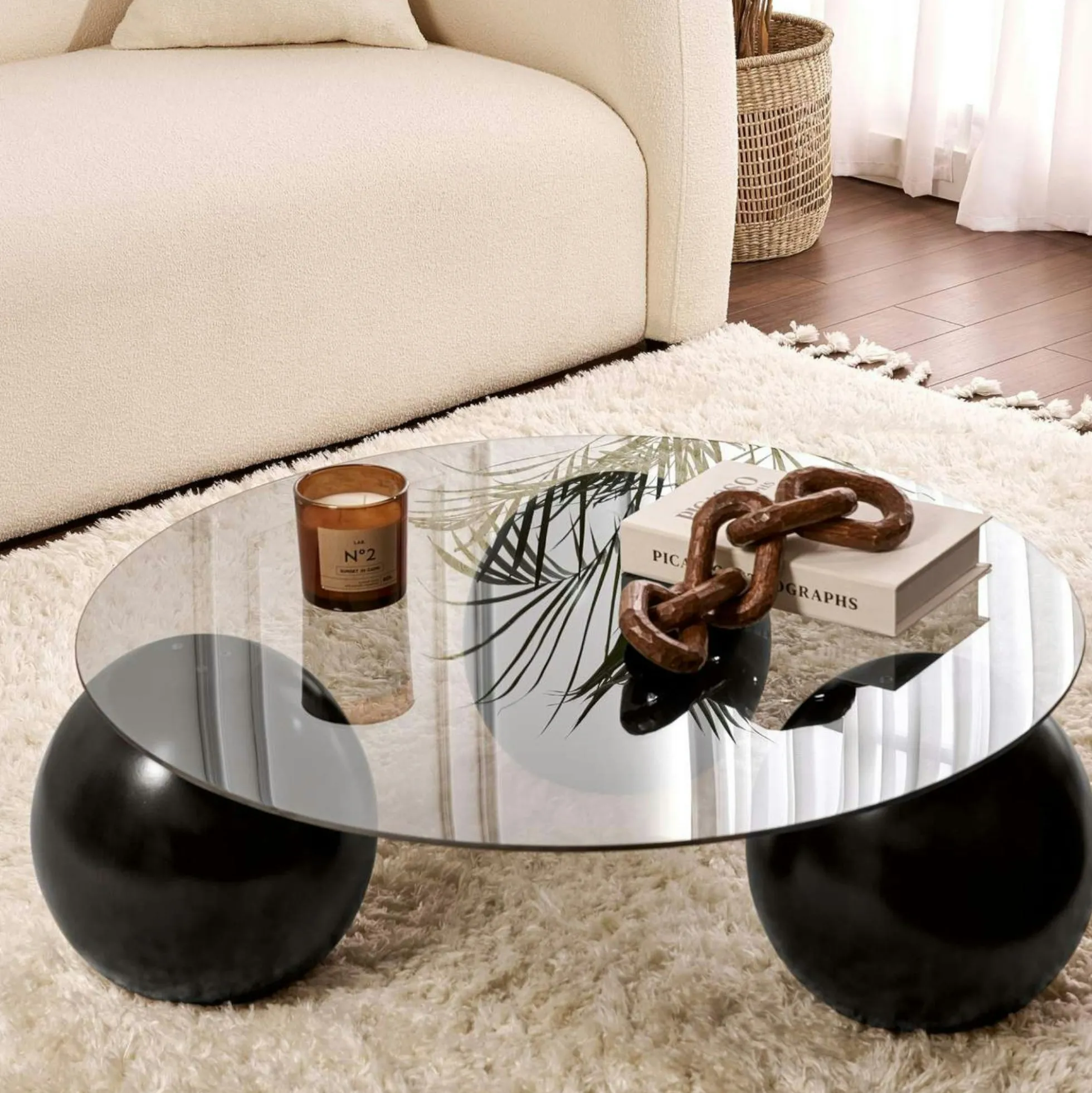 Table basse ronde verre fumé - 3 pieds boules noirs KOCHI