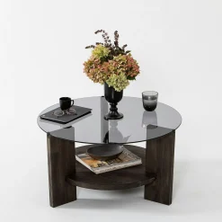 Table basse ronde verre fumé - 2 plateaux anthracite ANZIO