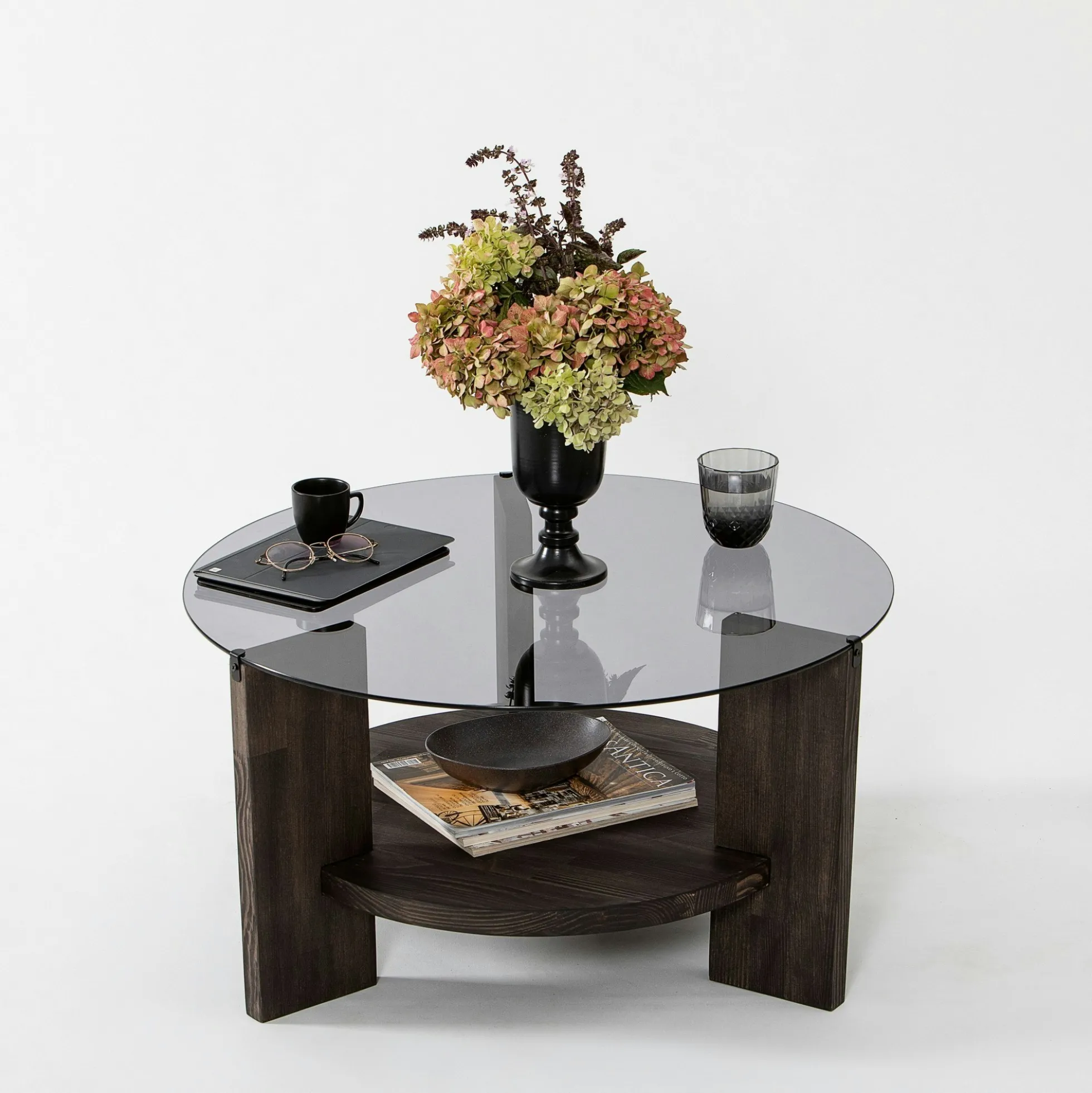 Table basse ronde verre fumé - 2 plateaux anthracite ANZIO