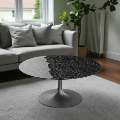 Table basse ronde verre ondulé noir, pied tulipe LIGURIE