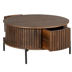 Table basse ronde vintage 2 tiroirs rainurés CORTINA