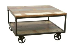 Table basse à roulettes double plateaux en Hévéa recyclé coloré et métal 90x90x47cm LOFT COLORS