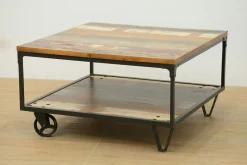 Table basse à roulettes double plateaux en Hévéa recyclé coloré et métal 90x90x47cm LOFT COLORS