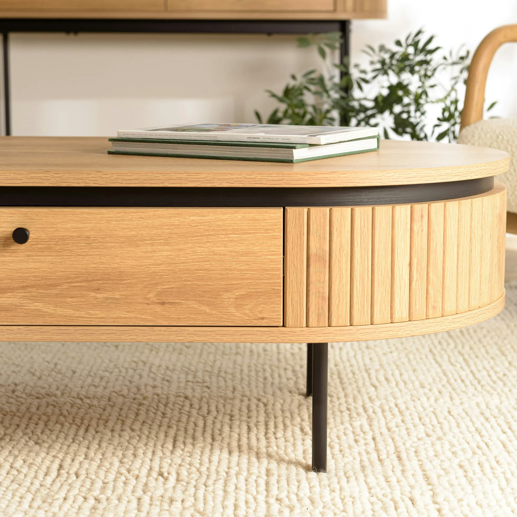 Table basse 2 tiroirs bords arrondis bois décor strié JINAN
