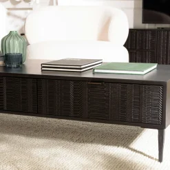 Table basse 2 tiroirs façades sculptées bois noir SURATE