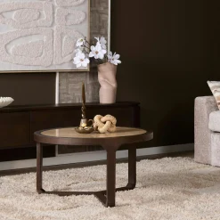 Table basse travertin et bois 3 pieds Ø75 cm DUOMO