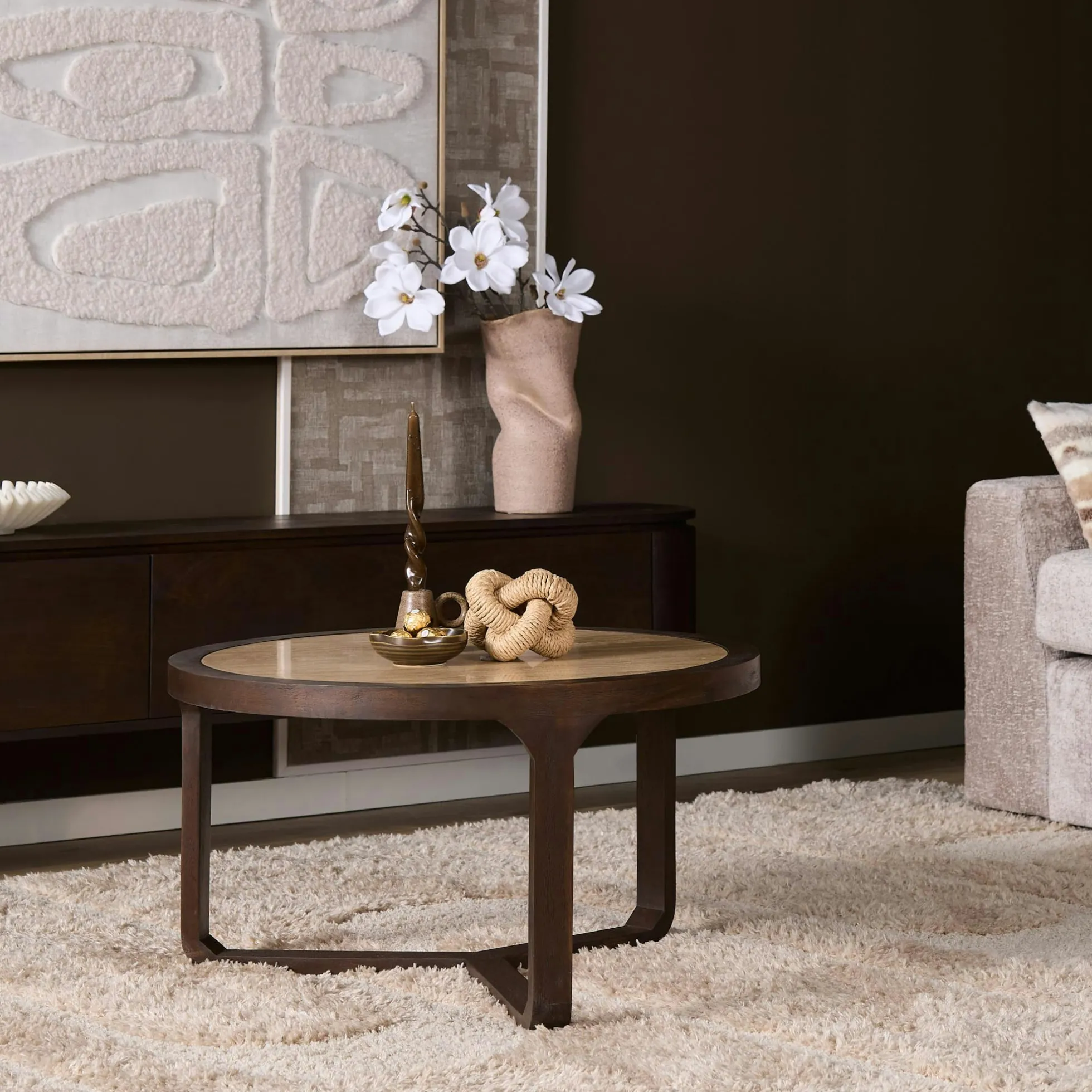 Table basse travertin et bois 3 pieds Ø75 cm DUOMO