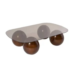 Table basse verre ambré bords arrondis 4 pieds boule KOCHI