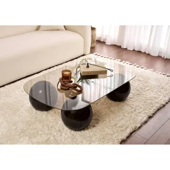 Table basse verre ambré bords arrondis - 4 pieds noirs KOCHI