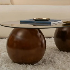 Table basse verre ambré design – 3 pieds boules marrons KOCHI