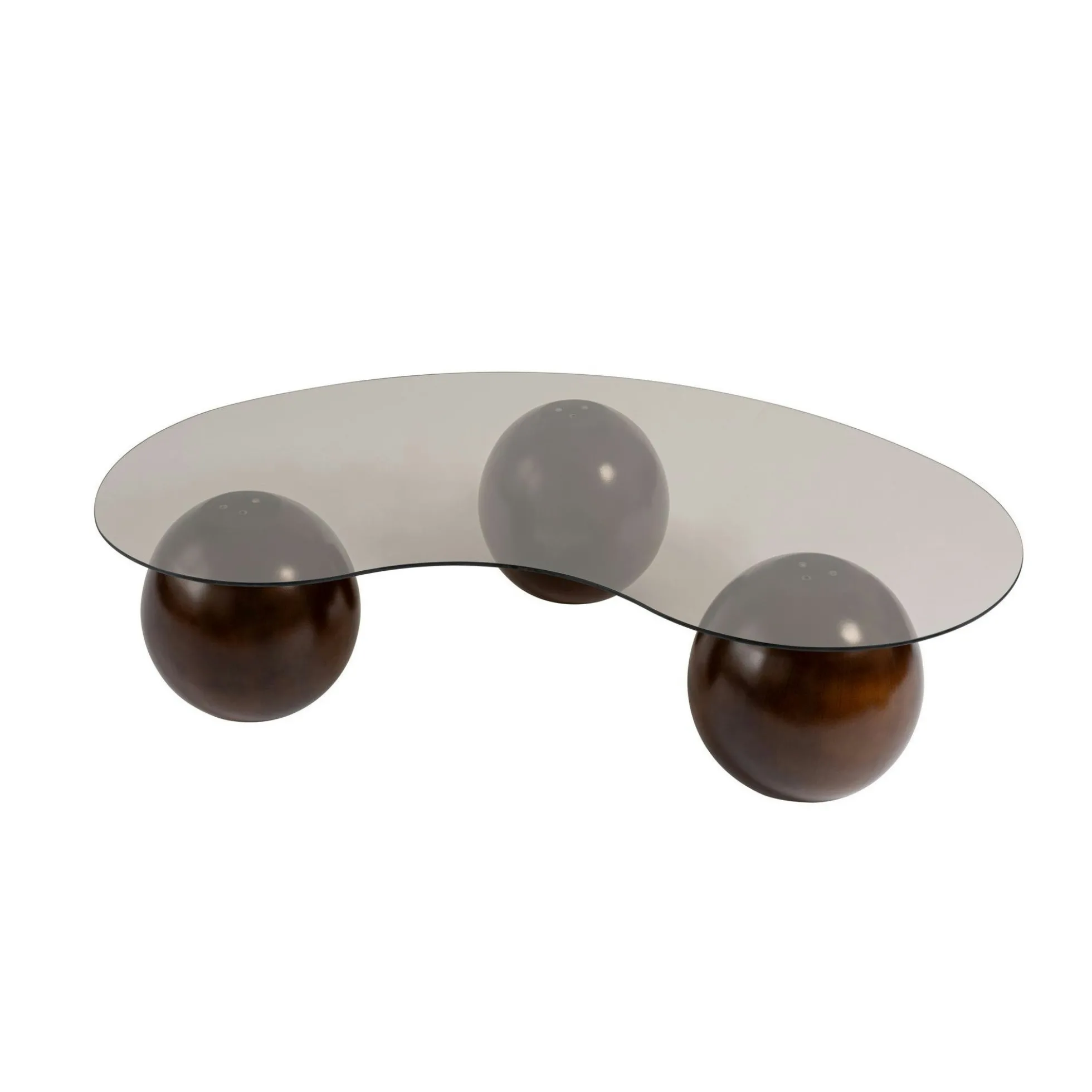 Table basse verre ambré design – 3 pieds boules marrons KOCHI
