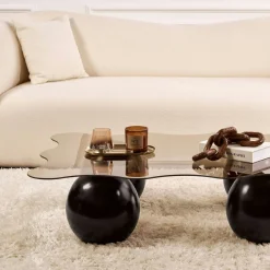 Table basse verre ambré profil ondulé - 4 pieds noirs KOCHI