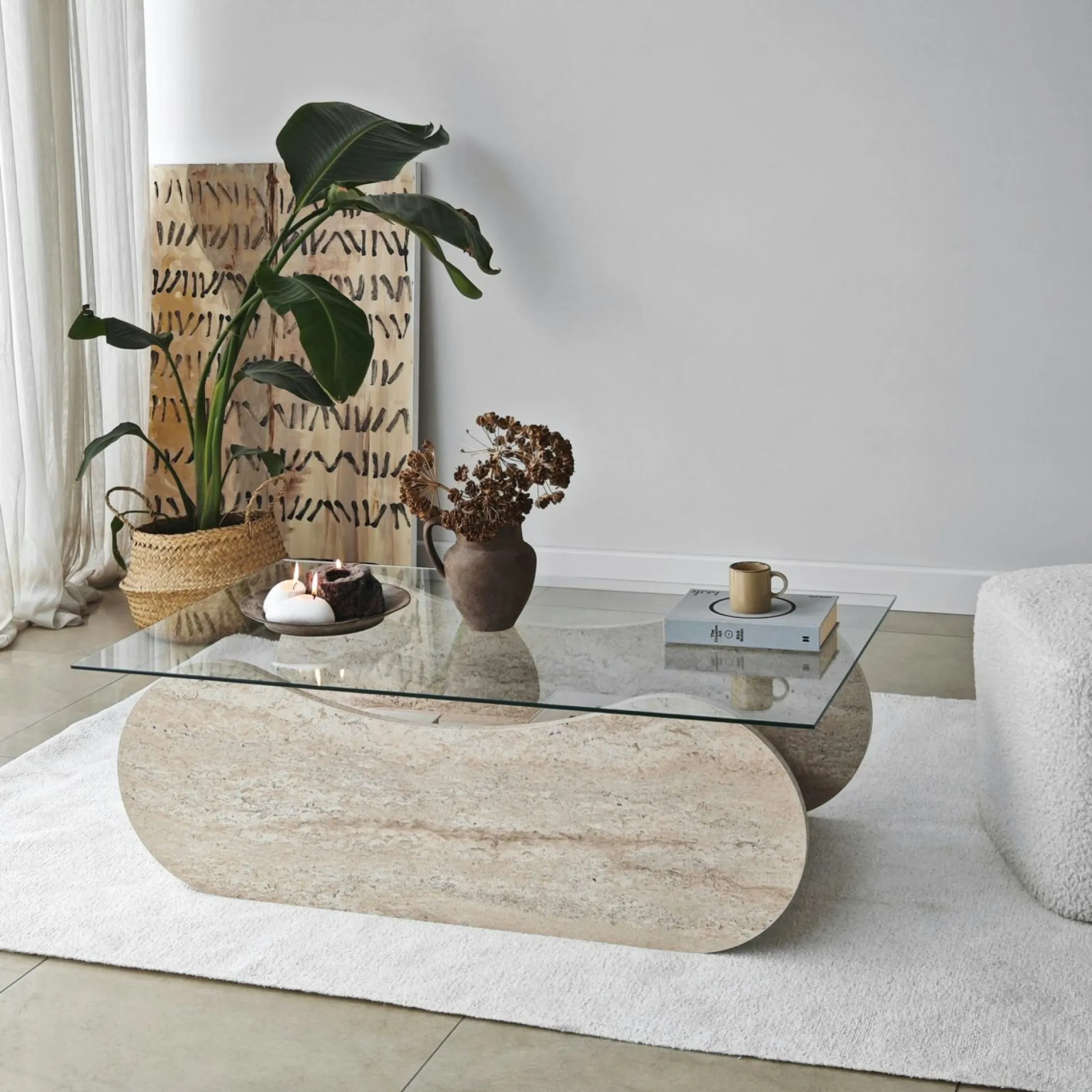 Table basse verre base luge effet travertin avec niche SALTA