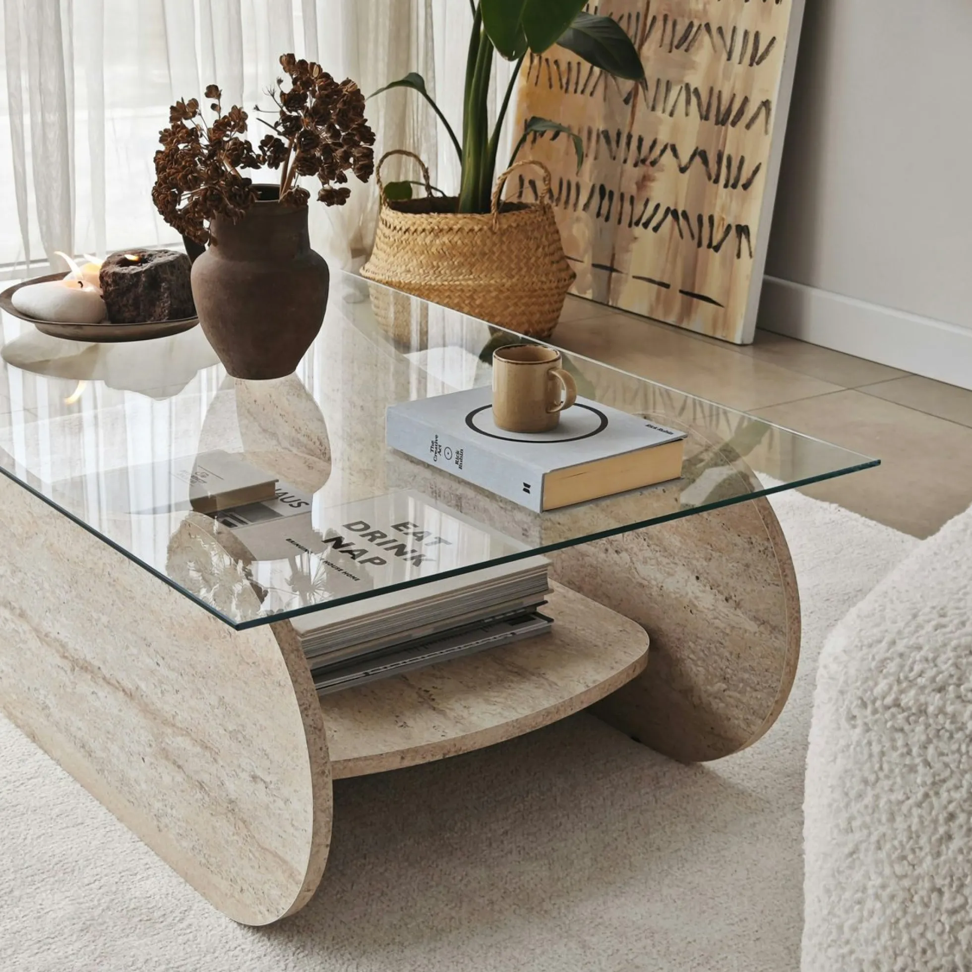 Table basse verre base luge effet travertin avec niche SALTA