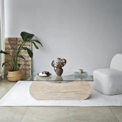 Table basse verre base luge effet travertin avec niche SALTA