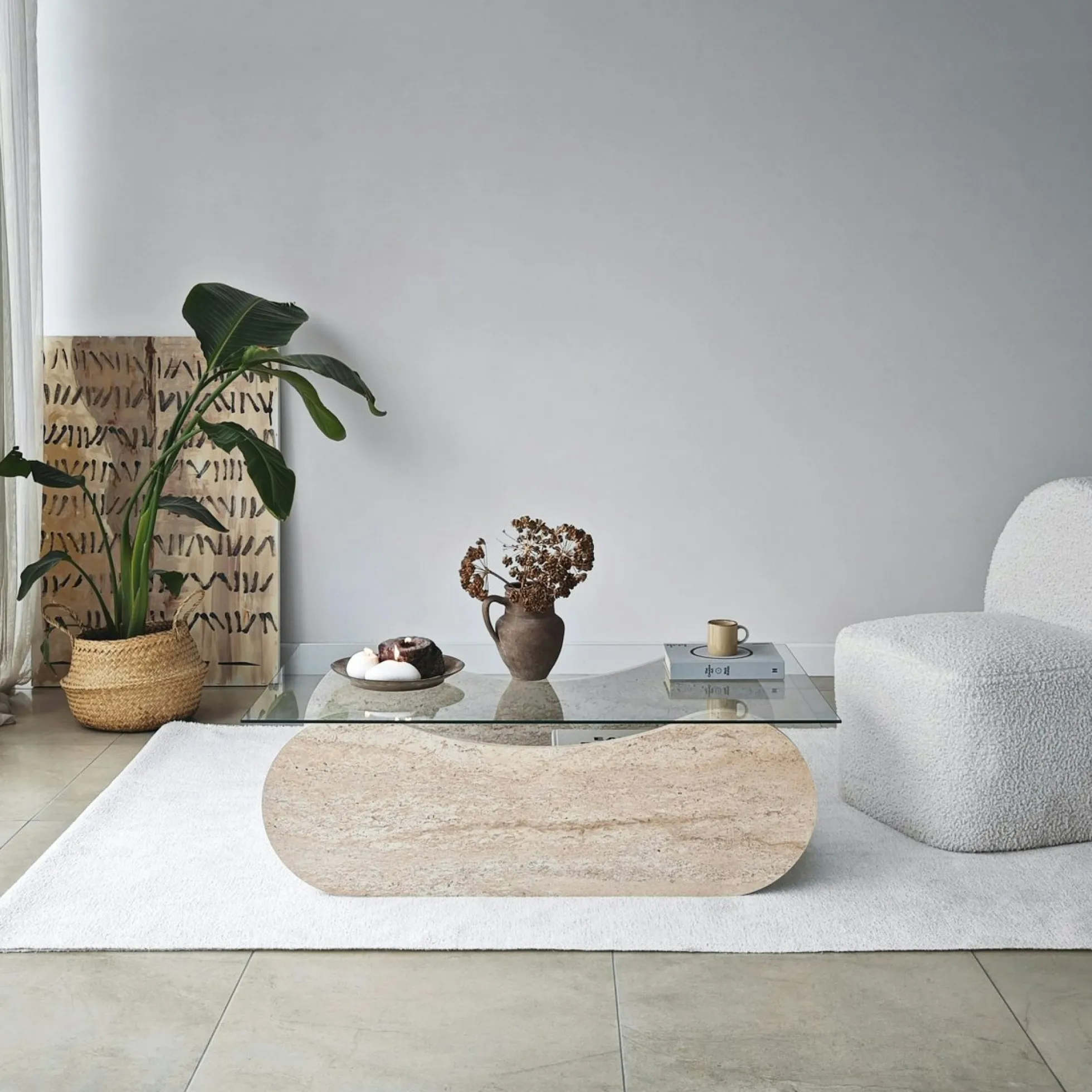 Table basse verre base luge effet travertin avec niche SALTA