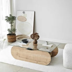 Table basse verre, base luge effet bois avec rangement SALTA