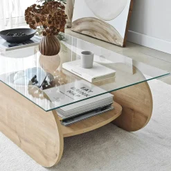 Table basse verre, base luge effet bois avec rangement SALTA