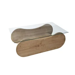 Table basse verre, base luge effet bois avec rangement SALTA