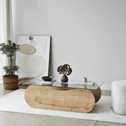 Table basse verre, base luge effet bois avec rangement SALTA