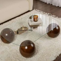 Table basse verre bords arrondis 4 pieds boule KOCHI