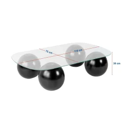 Table basse verre bords arrondis - 4 pieds boules noirs KOCHI