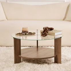 Table basse verre double plateau - effet bois de noyer SALTA
