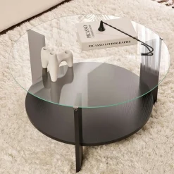 Table basse verre double plateau - effet bois noir SALTA
