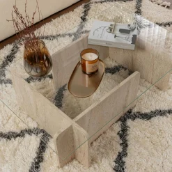Table basse verre déstructurée – base effet travertin SALTA