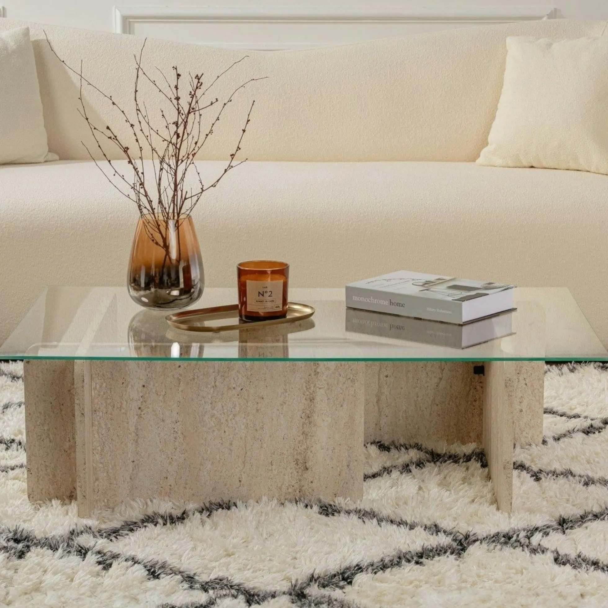 Table basse verre déstructurée – base effet travertin SALTA