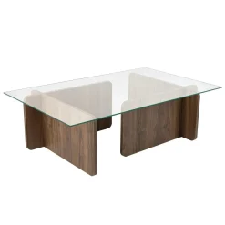 Table basse verre déstructurée – base effet bois noyer SALTA