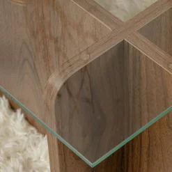 Table basse verre déstructurée – base effet bois noyer SALTA