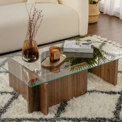Table basse verre déstructurée – base effet bois noyer SALTA