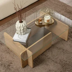 Table basse verre déstructurée – base effet chêne clair SALTA