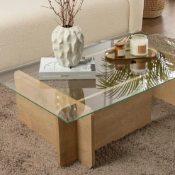Table basse verre déstructurée – base effet chêne clair SALTA
