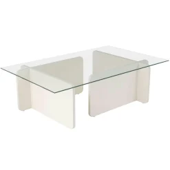 Table basse verre déstructurée – base effet bois blanc SALTA