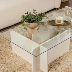 Table basse verre déstructurée – base effet bois blanc SALTA