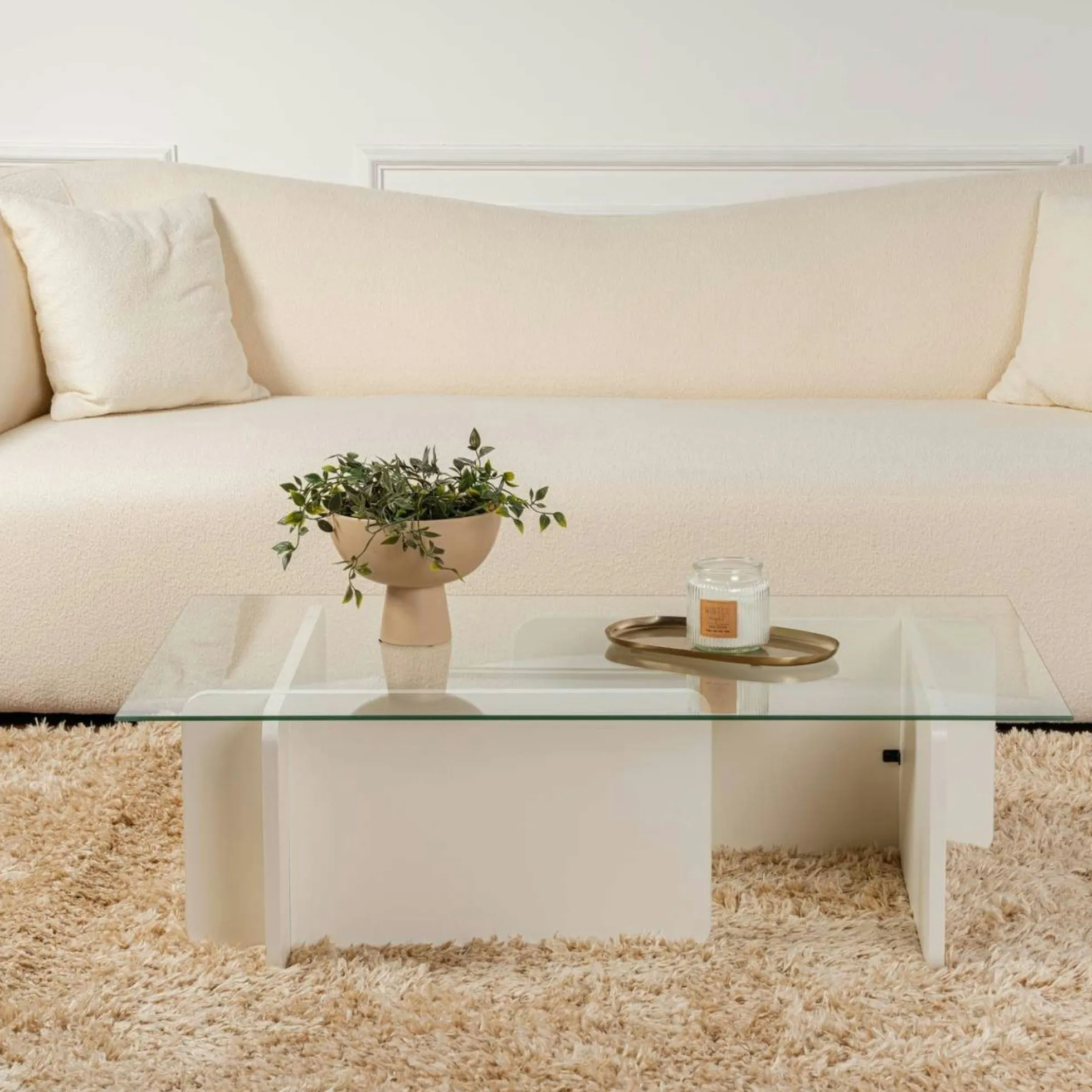 Table basse verre déstructurée – base effet bois blanc SALTA