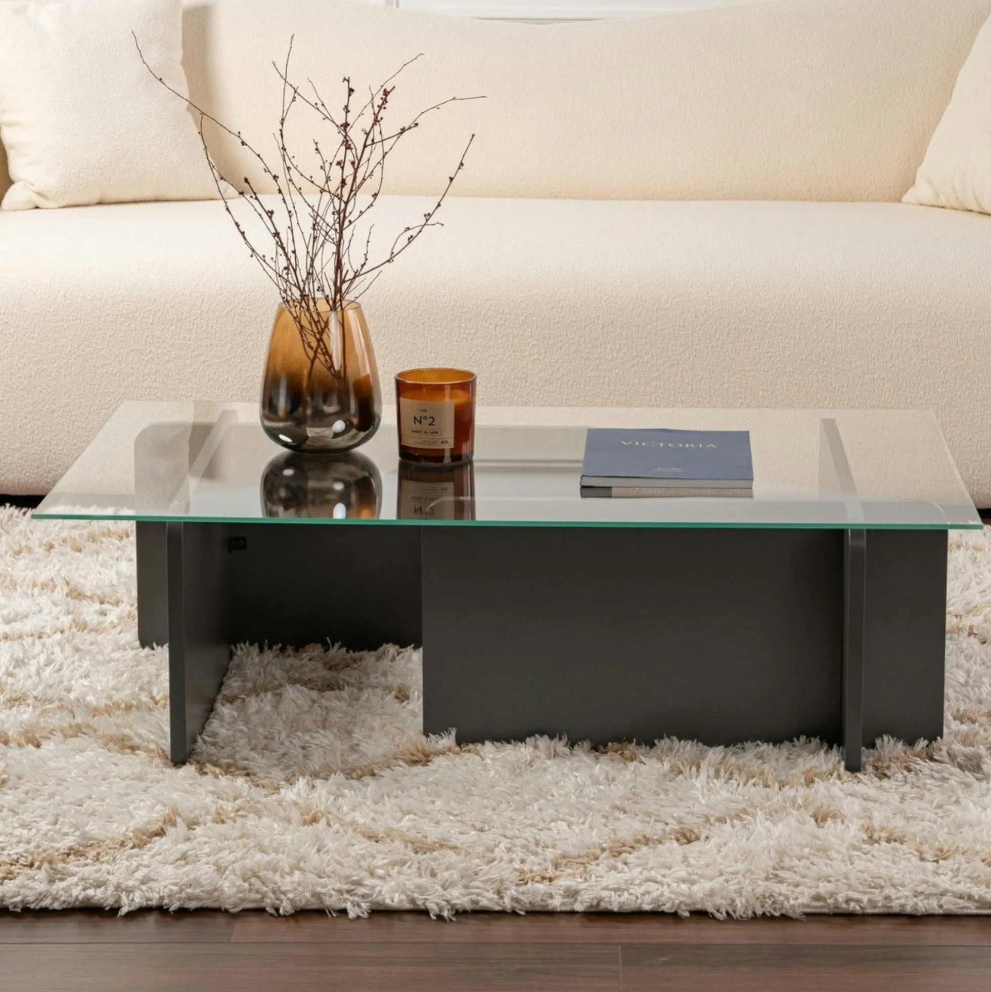 Table basse verre déstructurée – base gris anthracite SALTA