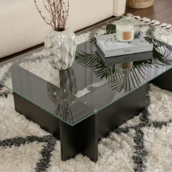 Table basse verre déstructurée – base effet bois noir SALTA