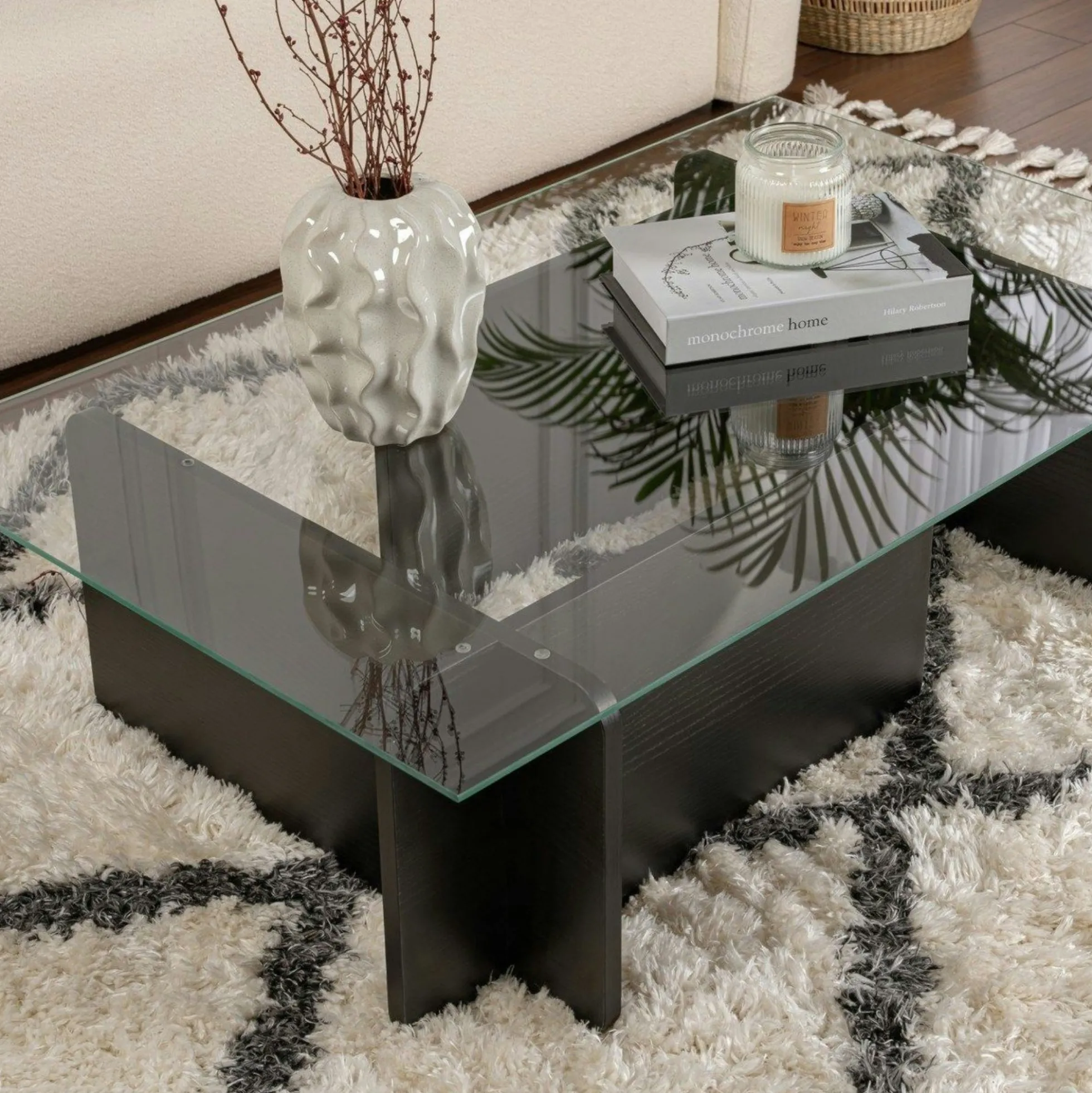 Table basse verre déstructurée – base effet bois noir SALTA