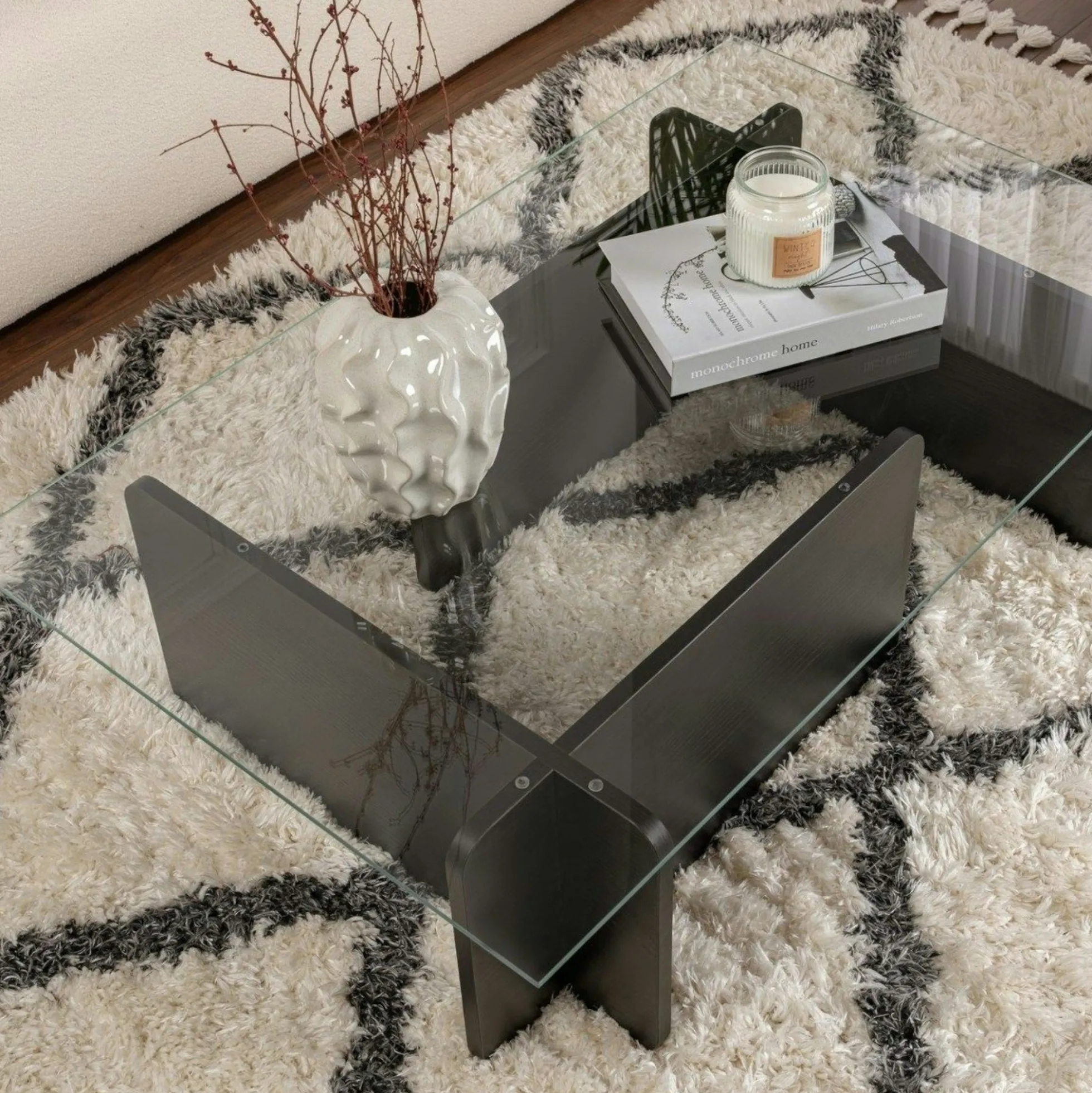 Table basse verre déstructurée – base effet bois noir SALTA