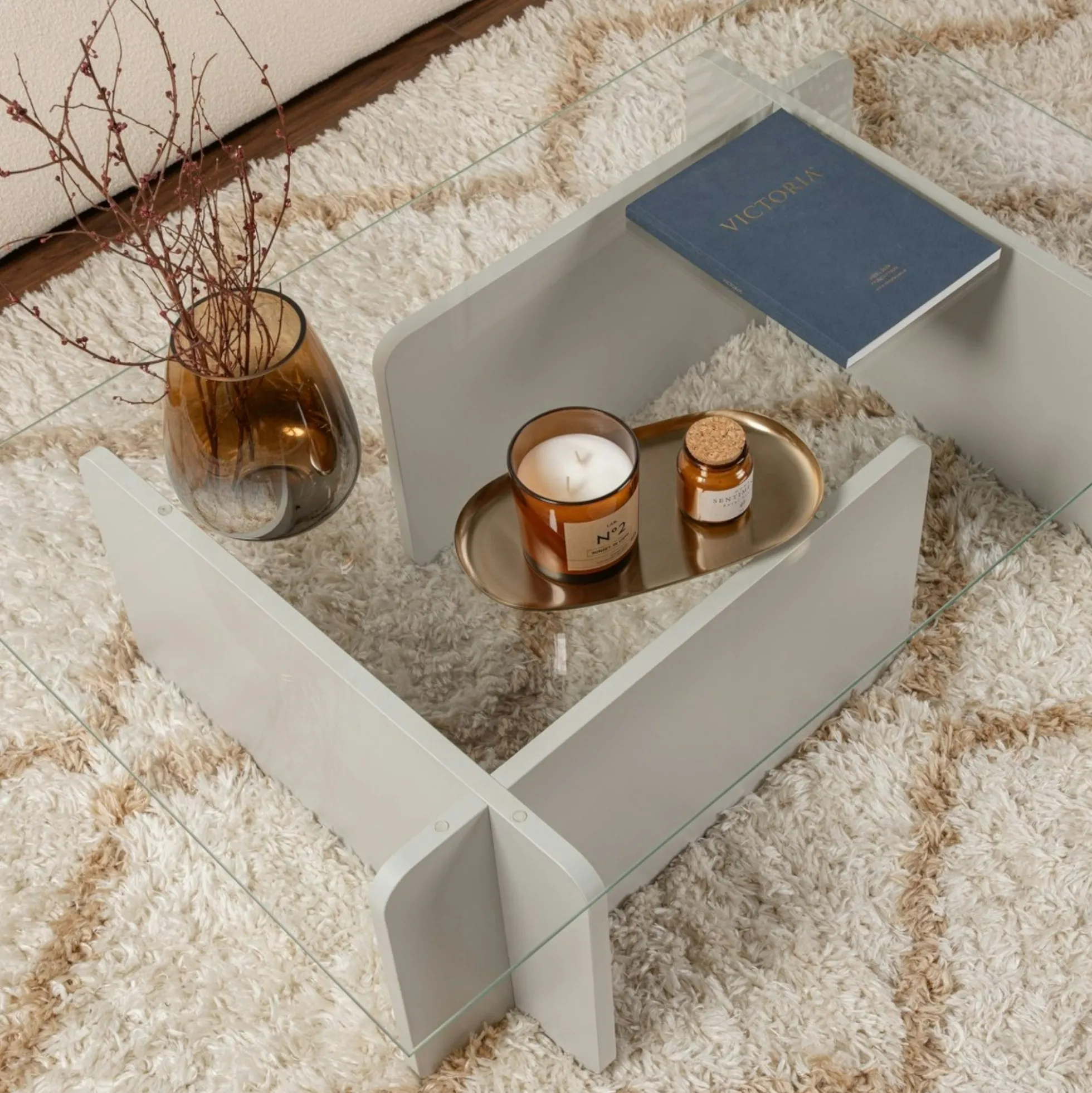 Table basse verre déstructurée – base gris clair SALTA