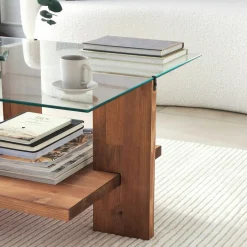 Table basse verre et bois brun - 2 plateaux LHASA