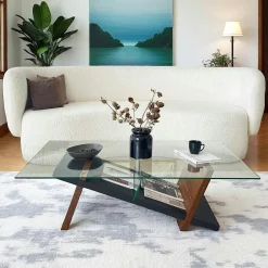 Table basse verre et bois brun - fonction porte-revues LHASA