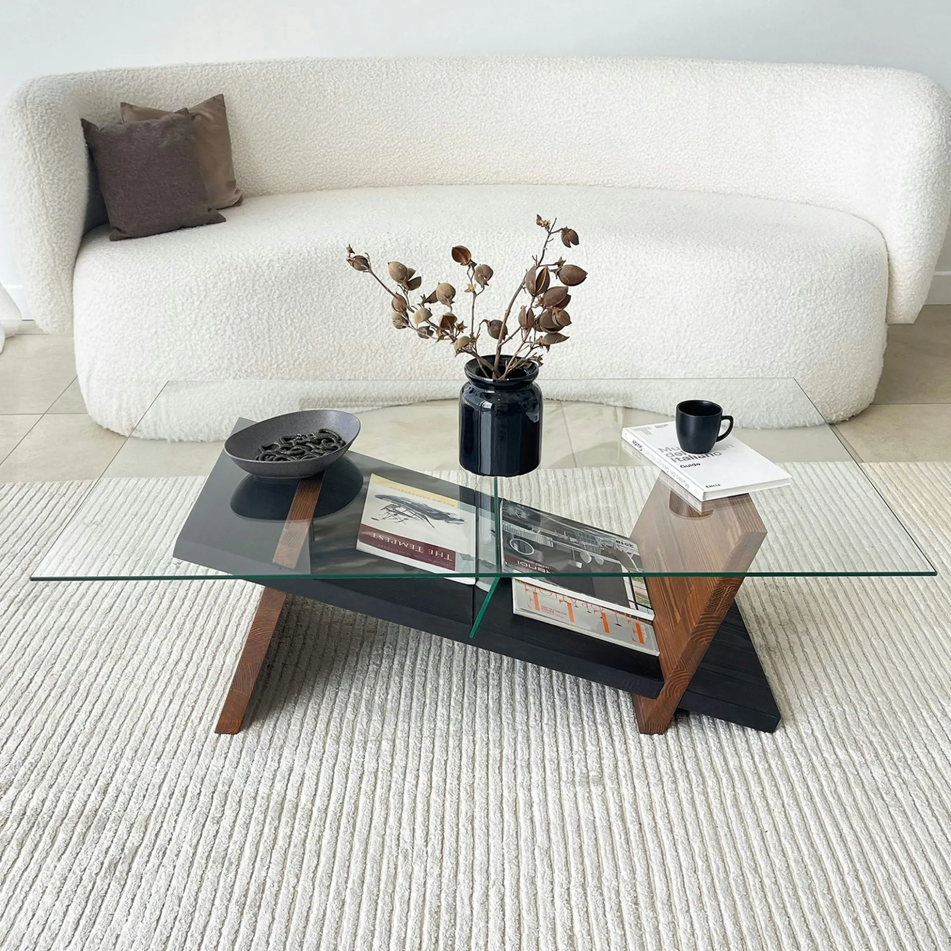 Table basse verre et bois brun - fonction porte-revues LHASA