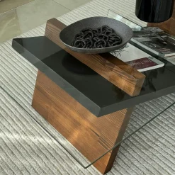 Table basse verre et bois brun - fonction porte-revues LHASA