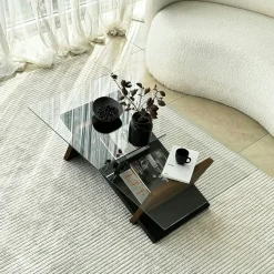 Table basse verre et bois brun - fonction porte-revues LHASA