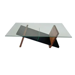 Table basse verre et bois brun - fonction porte-revues LHASA